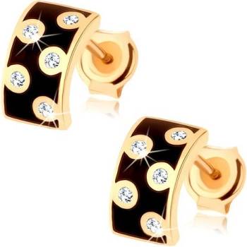 Šperky eshop ve žlutém zlatě širší půlkruh s glazurou černé barvy čiré zirkony GG68.15