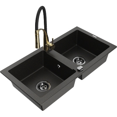 Mexen Mario гранитна кухненска мивка с две корита и кухненски смесител Aster, черен/златен металик - 6504-75-73450-57-B (6504-75-73450-57-B)