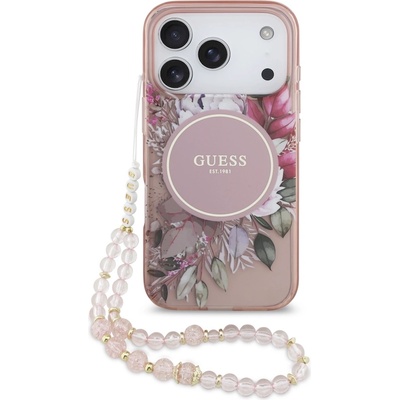 GUESS Хибриден удароустойчив кейс с MagSafe и връзка за ръка за iPhone 17 Pro - Guess IML Flowers Pearl MagSafe Case (розов) (GUHMP17LHFWBRCESP)