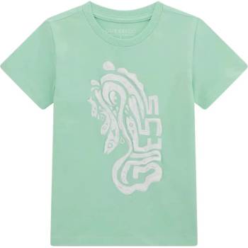 GUESS Тениска в зелено за мини момче с интересен бял надпис Guess и рибки
