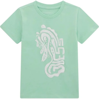 GUESS Тениска в зелено за мини момче с интересен бял надпис Guess и рибки