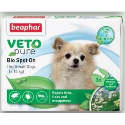 Beaphar Veto Pure Bio Spot on - пипети за защита от бълхи и кърлежи кучета до 15 кг. , 3 броя