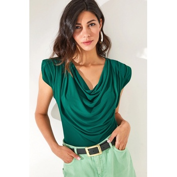 Olalook Women's Emerald Green Waisted Collar Flowy Blouse zelená