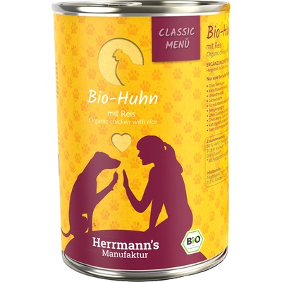 Herrmanns 12х400г Classic Bio-Menu Herrmann's, консервирана храна за кучета - био-пиле с био-ориз