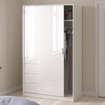 Гардероб Naia с плъзгаща врата, 1 врата и 3 чекмеджета Бял гланц