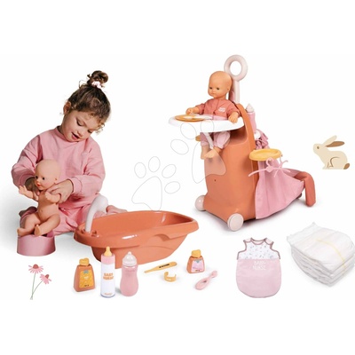 Smoby Set prebaľovací kufrík s postieľkou a vaničkou 3v1 Nursery Soft Baby Nurse na kolieskach a spací vak s plienkami a fľaškou