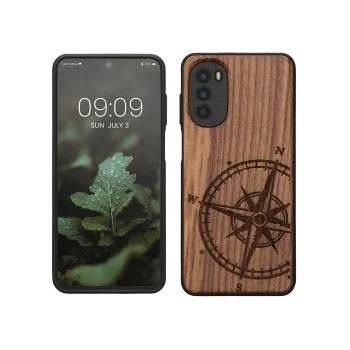 kwmobile Дървен калъф с дизайн компас за Motorola Moto G52 / Moto G82 5G - тъмнокафяв