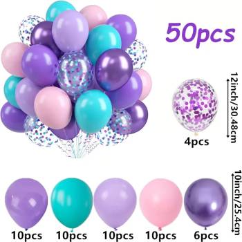 Комплект 50 броя балони 25 см. в синьо, розово, лилаво и с конфети 6157