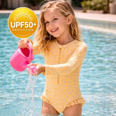 Swim Essentials Детски цял бански с UPF50+ защита и дълги ръкави - "Yellow Flowers (SWE-2024SE1117)