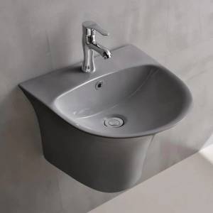 Inter Ceramic Мивка за баня ICC 4746MG, Inter Ceramic, с полуконзола, стенен монтаж, с отвор за смесител и преливник, порцелан, сив мат, 48x46x37см (4746MG)