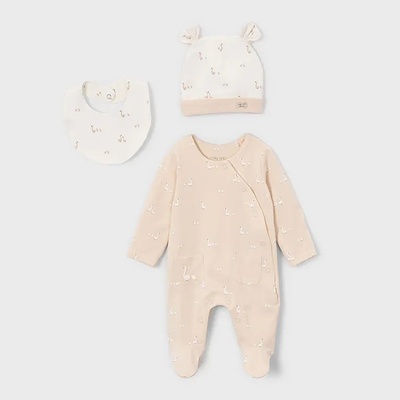 Mayoral Сет дълго боди, шапка и лигавник в Бежов цвят за новородено бебе Mayoral