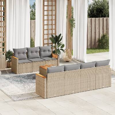 vidaXL Градински диван с възглавници 8 части бежов микс полиратан (3225807)