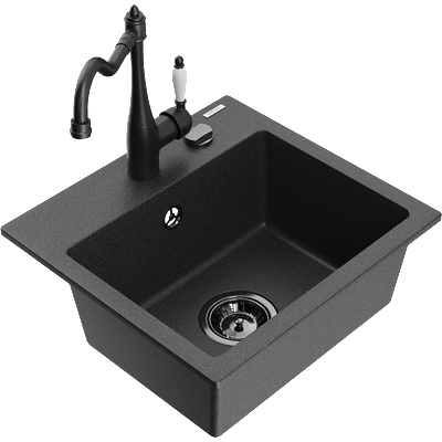 Mexen Milo гранитна мивка с 1 корито и кухненски смесител Carla, черен на пръски - 6505-76-670700-70-B (6505-76-670700-70-B)
