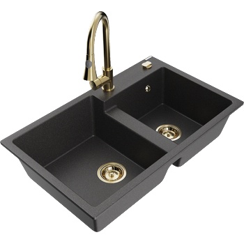 Mexen Tomas двоен кухненски мивка от гранит с кухненски смесител Elia, черен на петна - 6516-76-670101-50 (6516-76-670101-50)