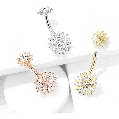Šperky eshop ocelový piercing do pupíku květy čiré zirkony stříbrná rhodiovaný AB02.10 měděná