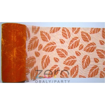 Organza 36 cm x 5 y - oranžová s tiskem listů