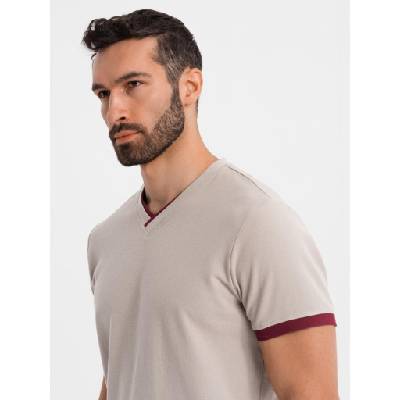 Ombre Clothing Мъжка тениска с контрастни вставки и V-образно деколте - бежова Ombre Clothing | Bezhov | МЪЖЕ | S