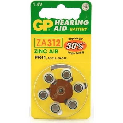 GP Batteries Батерия цинково въздушна gp za312 6 бр. бутонни за слухов апарат в блистер