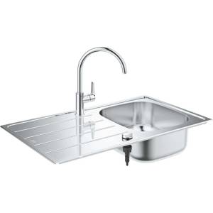 GROHE - Комплект мивка K200 и смесител BauEdge, четкана неръждаема стомана/хром 31562SD1ROZ2 (31562SD1ROZ2) Мивка за вграждане