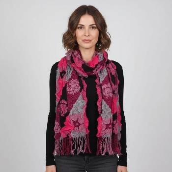 Топъл зимен шал в черно и цикламено с ламе