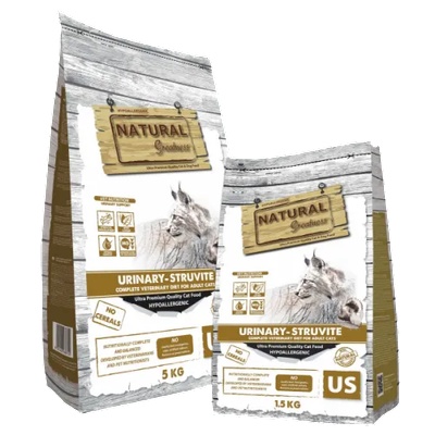 Natural Greatness VET Cat URINARY - STRUVITE е пълноценна хипоалергенна рецепта без зърнени храни, предназначена за котки в зряла възраст със струвитна уролитиаза и котешки идиопатичен цистит, 1, 5 кг, Испания ASB14US