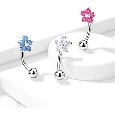 Šperky eshop zahnutý piercing do obočí z oceli barevný květ se syntetickým opálem čirý zirkon AB02.02 Bílá