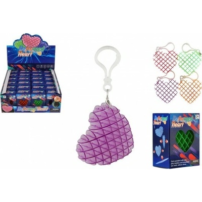 Prívesok na kľúče fidget srdce meniaci tvar antistresový plast 6cm 4 farby v krabičke 6x6,5cm