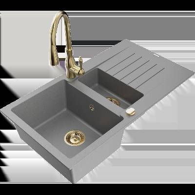Matias гранитна мивка с 1, 5 корита с отцеждаща повърхност и кухненски смесител Savita, сив - 6502-71-672601-50 (6502-71-672601-50)