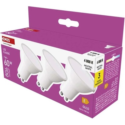 EMOS ZQ8E43.3 LED ZIAROVKA CLASSIC MR16 / GU10 / 7 W 60 W / 806 LM / NEUTRALNA BIELA