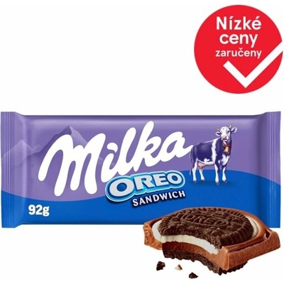 Milka Oreo Sandwich mléčná čokoláda z alpského mléka s kakaovými sušenkami a mléčnou náplní 92 g