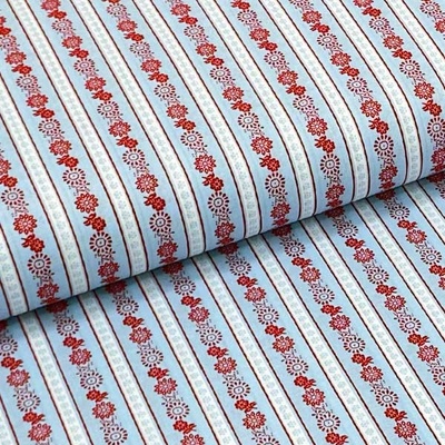 Bavlněné plátno P0462 světle modré, květinový vzor a pruhy, š.140