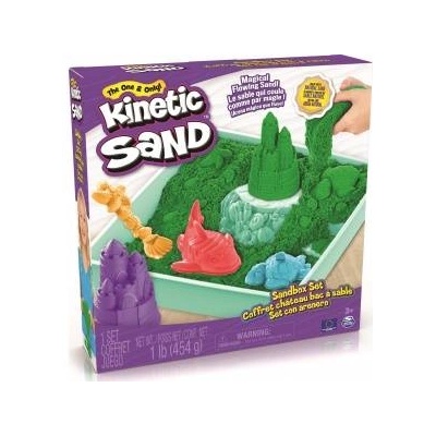 Spin Master Kinetic Sand Sandbox Set, 1lb Green Play Sand, Sandbox Storage, 4 Molds and Tools, Sensory Toys for Kids Ages 3+