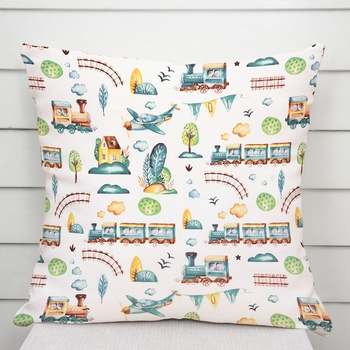 Biante Detská bavlna Sandra SA-659 Modrozelené vláčiky s lietadielkami na bielom 50 x 70 cm