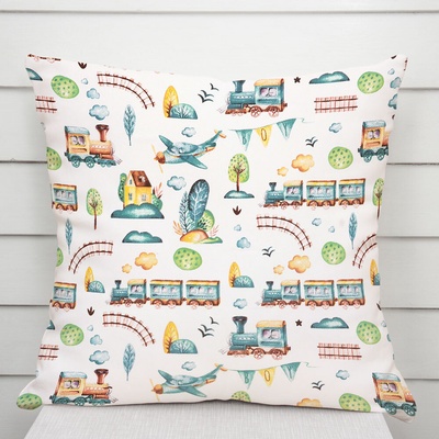 Biante Detská bavlna Sandra SA-659 Modrozelené vláčiky s lietadielkami na bielom 30 x 50 cm