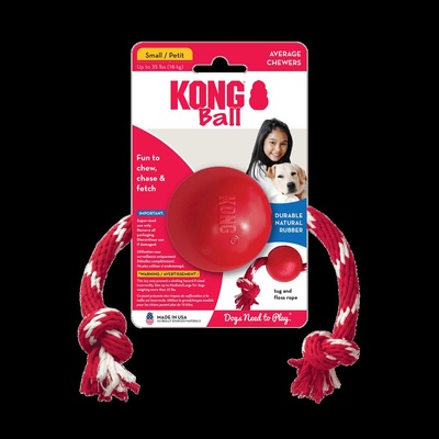 KONG Ball with Rope - Издръжлива и забавна играчка за кучета, топка с въже за дърпане и ръбане