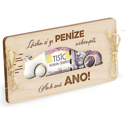 Dřevěná obálka na peníze Auto 20x10cm - Dar na auto snů