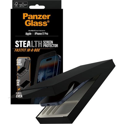Panzer Стъклен протектор PanzerGlass за iPhone 17 Pro, Stealth, UWF, инсталационен бокс, w. Black Frame