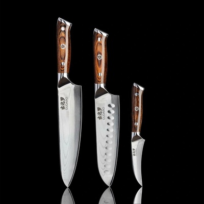 Gudaro-SADA Šéfkuchařský nůž FENG+Santoku kuchyňský nůž+ damaškový kuchyňský nůž GU0001+GU0002+GU0004