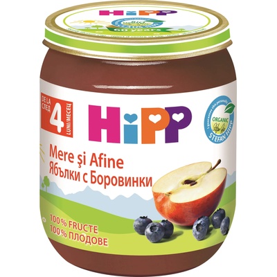 Hipp Био плодово пюре Hipp - Ябълки и боровинки, 125 g (RO4273-02-U)