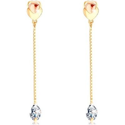 Šperky eshop Visací náušnice ze zlata dvoubarevná srdíčka čirá kapka na řetízku GG103.13