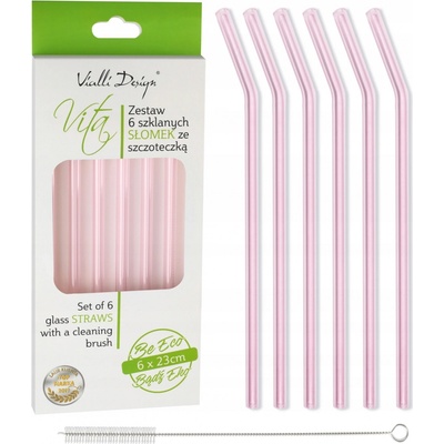 Vialli Design 6 růžových skleněných brček 23 cm