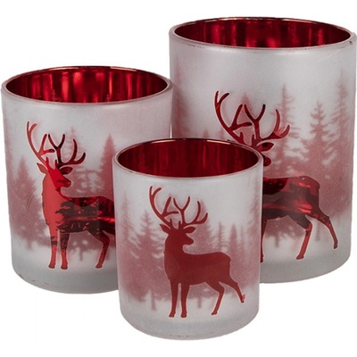 Set 3 bílých skleněných svícnů na čajovou svíčku různých velikostí s červeným jelenem v lese