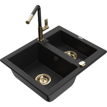 Mexen Carlos гранитна мивка с 1, 5 камери с кухненски смесител Flora, черен (6518-77-670401-57-G)