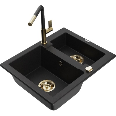 Mexen Carlos гранитна мивка с 1, 5 камери с кухненски смесител Flora, черен (6518-77-670401-57-G)