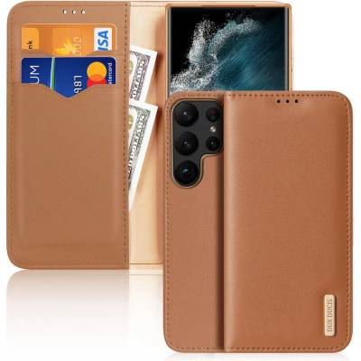 Dux Ducis Hivo Genuine Leather Flip Wallet Case - кожен калъф от естествена кожа с поставка и отделение за кр. карти за Samsung Galaxy S23 Ultra (кафяв)