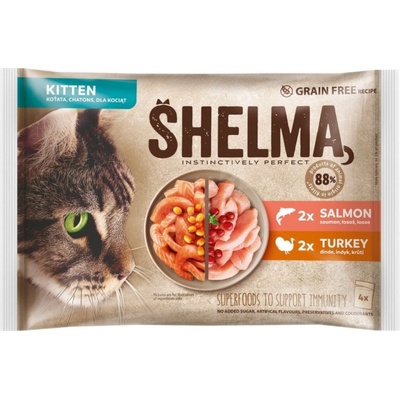 Shelma Kitten dusené filetky bez obilnín losos a morka 4 x 85 g