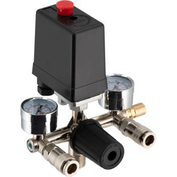 Airpress Регулатор на налягането с превключвател за налягане, 2 манометра и 2 бързи съединения 36840-r (36840-r)