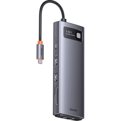Baseus Хъб 9в1 Baseus Metal Gleam Series, USB - C към 2 x HDMI / 2 x USB 3.2 /1 x USB 2.0 / 1 x Power Delivery / 1 x SD / 1 x TF / 1 x RJ-45, Сив (WKWG060013)