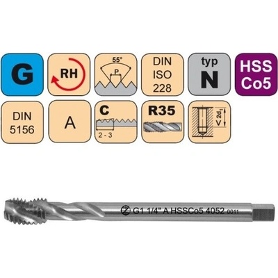 NÁSTROJE CZ Strojní závitník /CZZ4052/ pro trubkový závit se šroubovitou drážkou CZZ Závit: G3/8"-A