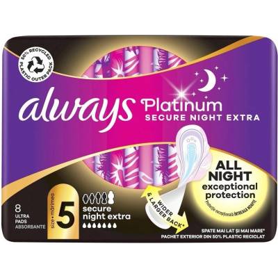 Always Дамски превръзки Always Platinum - Secure Night, EXT, размер 5, 8 броя